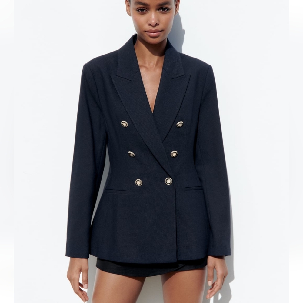 ZARA * DOUBLE BREASTED BLAZER NAVY PIQUE BLAZER - Picture 8 of 13
